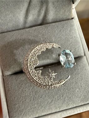 Crescent Moon and Star Open Ring with Blue Topaz and Moissanite - 925 Silver